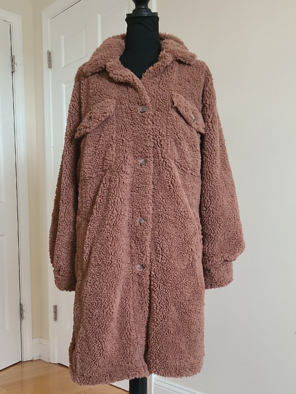 Me Jane Teddy Sherpa Shacket Women L Brown Longline Coat Jacket NWT